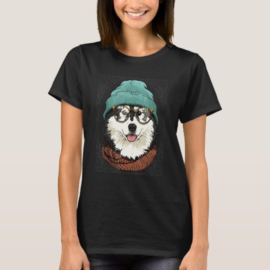 Hipster Alaskan Malamute Animal Wearing Sunglasses T-Shirt (Vorderseite)