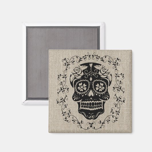 Hipster Black Sugar Skull Burlap Magnet (Vorderseite/Rückseite)