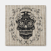 Hipster Black Sugar Skull Burlap Magnet (Vorne)