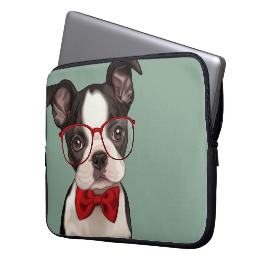 Hipster-Boston-Terrier Laptopschutzhülle (Vorderseite Links)