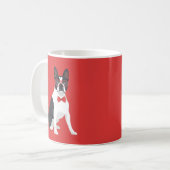 Hipster-Boston-Terrier mit roten Gläsern u. Kaffeetasse (Vorderseite Links)