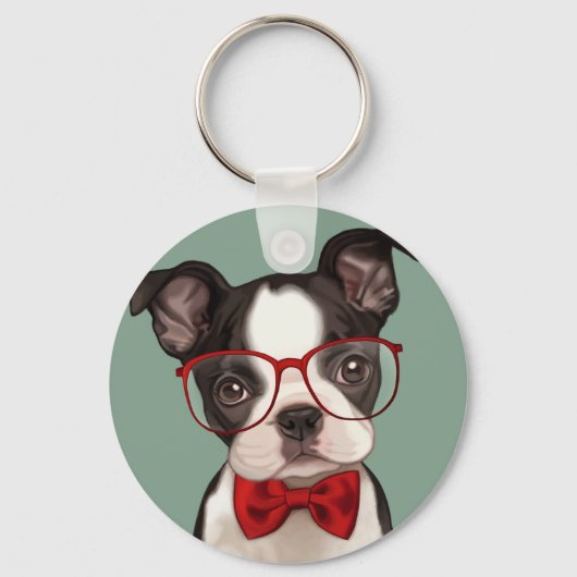 Hipster Boston Terrier Schlüsselanhänger (Vorderseite)