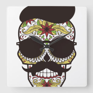 Hipster Day of the Dead Skull Quadratische Wanduhr