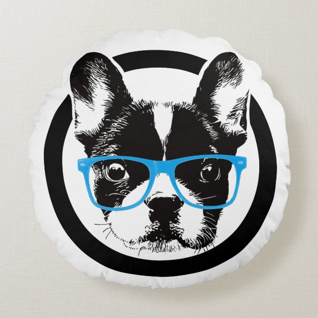 Hipster-französische Bulldoggen-Nerdy Hund Rundes Kissen (Vorderseite)