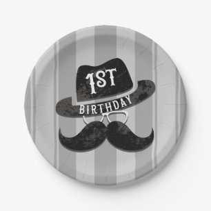 Hipster Herr Schnurrbart Hut Brille 1. Geburtstag Pappteller