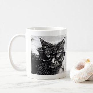 Hipster-Katze!  Schwarze Katze mit übergroßen Kaffeetasse
