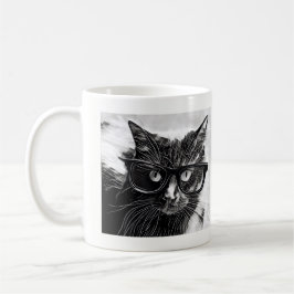 Hipster-Katze!  Schwarze Katze mit übergroßen Kaffeetasse