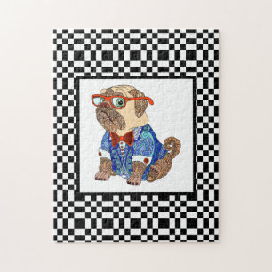 Hipster-Mops auf herausforderndem Schwarz-Weiß-Sch Puzzle