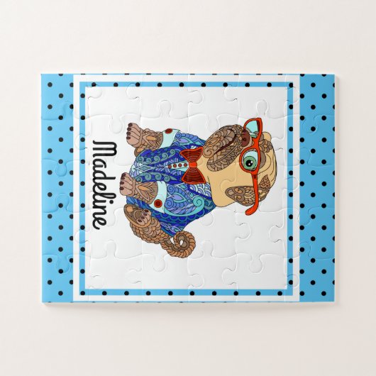 Hipster Mops auf Polka Dots, Personalisiert Kids Puzzle (Horizontal)