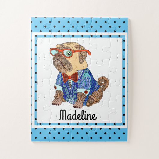 Hipster Mops auf Polka Dots, Personalisiert Kids Puzzle (Vertikal)