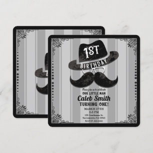 Hipster Mustache Hat Glasses 1. Geburtstag Party Einladung