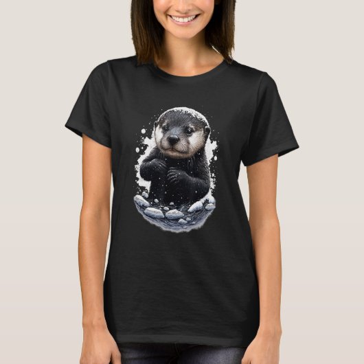 Hipster Otter Fluss Lieben im Schnee gleiten T-Shirt (Vorderseite)