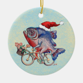 Hipster Piranha auf einer Weihnachtsmannmütze für Keramik Ornament