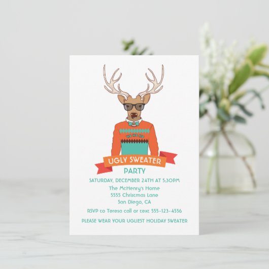 Hipster Rentiere hässliche Weihnachtspulli Party i Einladung (Stehend Vorderseite)