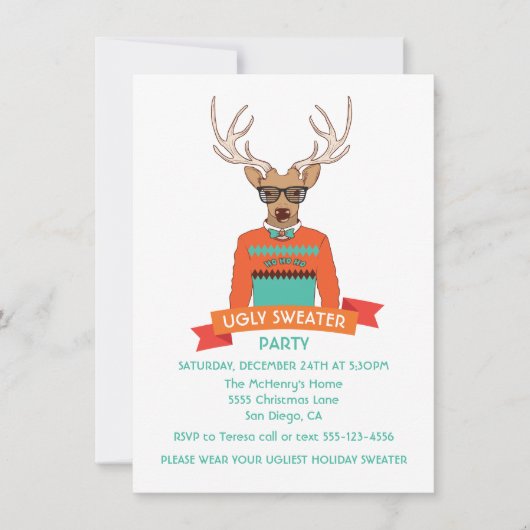 Hipster Rentiere hässliche Weihnachtspulli Party i Einladung (Vorderseite)
