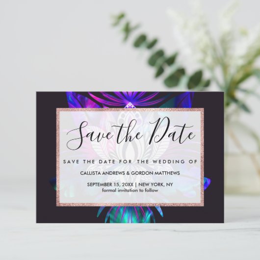 Hipster Retro Tech Aquamarine Lila Lotus Blume Lea Save The Date (Stehend Vorderseite)