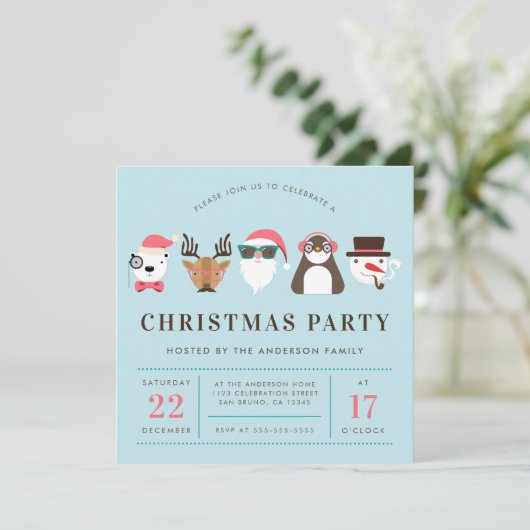 Hipster Santa & Friends Party Einladung (Stehend Vorderseite)