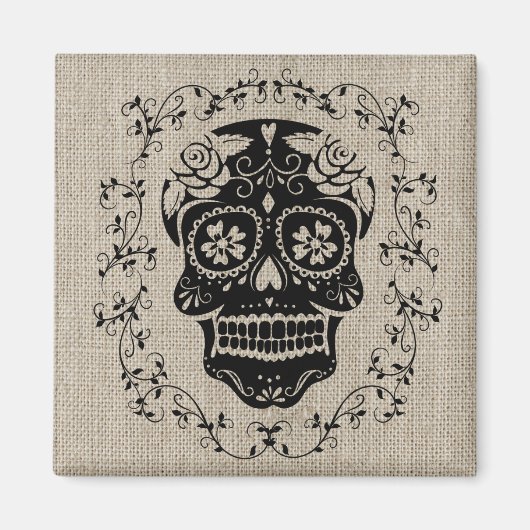 Hipster Schwarzer Zucker-Schädel Jute Magnet (Vorne)