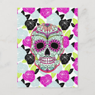 Hipster Sugar Skull and Floral Roses Postkarte