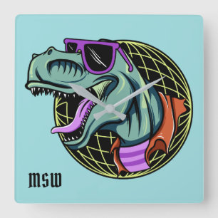 Hipster T-Rex kundenspezifische Monogramm- und Far Quadratische Wanduhr