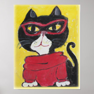 Hipster Turtleneck Cat Folk Art Cooler Stil Poster
