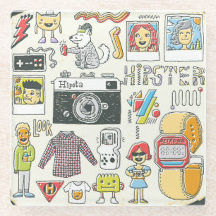 Hipster-Wange: handgezeichnet Doodle-Set Glasuntersetzer