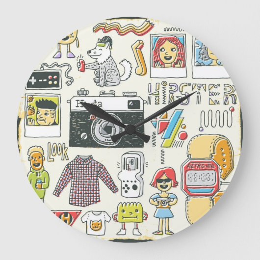 Hipster-Wange: handgezeichnet Doodle-Set Große Wanduhr (Vorderseite)