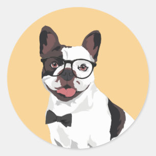 Hipster White and Brown French Bulldog Runder Aufkleber