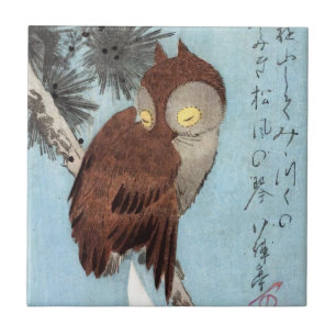 Hiroshige - Horned Owl, Pine und Crescent Moon Fliese