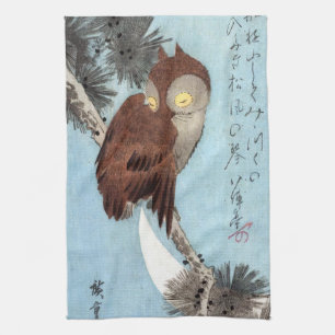 Hiroshige - Horned Owl, Pine und Crescent Moon Geschirrtuch