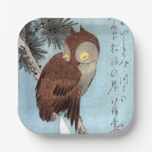 Hiroshige - Horned Owl, Pine und Crescent Moon Pappteller (Vorderseite)