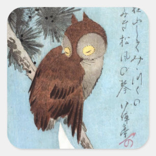 Hiroshige - Horned Owl, Pine und Crescent Moon Quadratischer Aufkleber