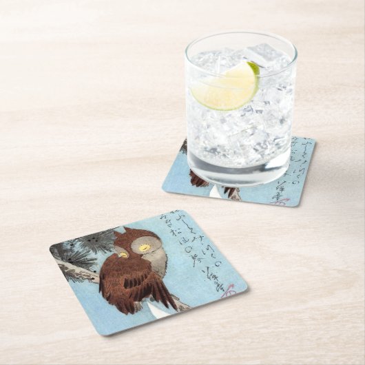 Hiroshige - Horned Owl, Pine und Crescent Moon Rechteckiger Pappuntersetzer (Vor Ort)