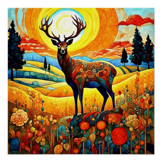 Hirsch auf einer Wiese Poster (Vorderseite)