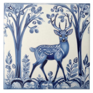 Hirsch Blau und Weiß Woodland Folk Tierkunst Fliese