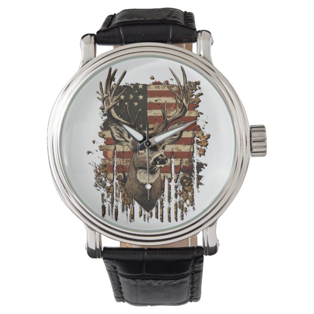 Hirsch, Bock-Saison USA-Flagge Armbanduhr (Vorderseite)