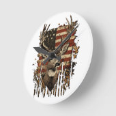 Hirsch, Bock-Saison USA-Flagge Runde Wanduhr (Winkel)