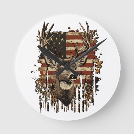 Hirsch, Bock-Saison USA-Flagge Runde Wanduhr (Vorderseite)