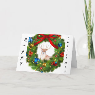 Hirsch, der durch einen Weihnachtskranz schaut Dankeskarte