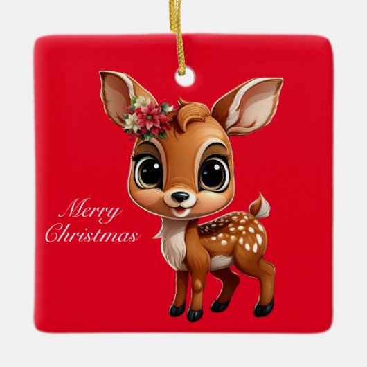 Hirsch, Fawn, 🦌 Niedlich frohe Weihnachten, Rot Keramikornament (Vorderseite)