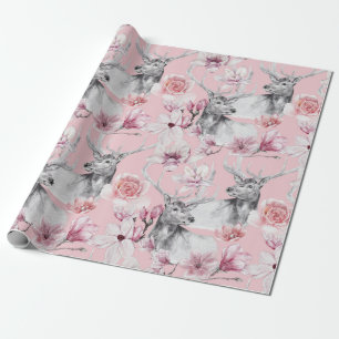 Hirsch grau rosa Pfingstrosen Blumenverpackungspap Geschenkpapier