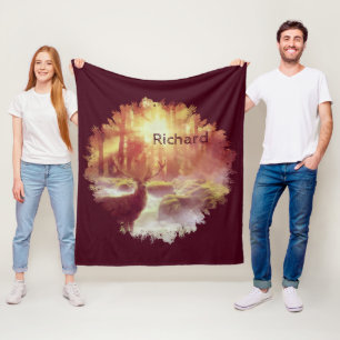 Hirsch im nebligen Wald beim goldenen Sonnenaufgan Fleecedecke