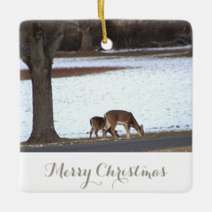 Hirsch im Schnee Weihnachtsbaumschmuck Keramikornament