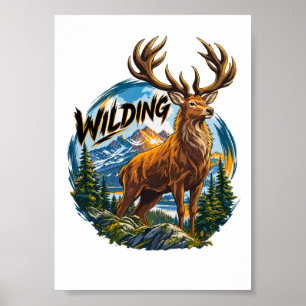 Hirsch in der Berglandschaft Poster