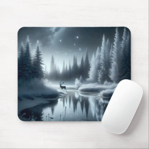 Hirsch in einem Winterfluss bei Nacht Mousepad
