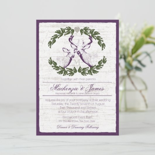 Hirsch in Kränz mit Monogramm-Pflaume Einladung (Stehend Vorderseite)