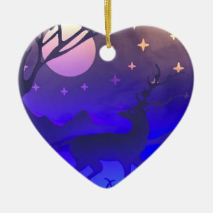 Hirsch in winterlicher Waldnacht-Szene Keramik Ornament