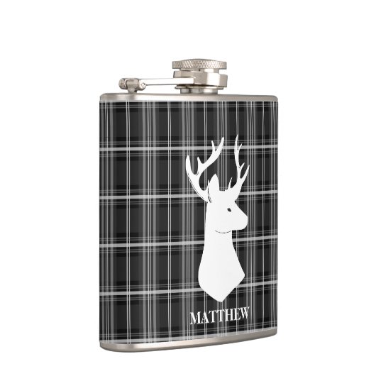 Hirsch-Kopf auf Schwarzweiss-kariertem Flachmann (Rechts)