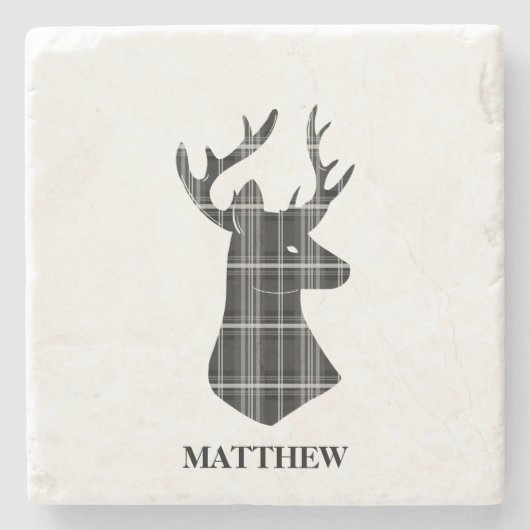 Hirsch-Kopf auf Schwarzweiss-kariertem Steinuntersetzer (Vorderseite)
