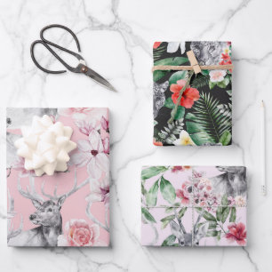 Hirsch Leopard grau rosa schwarze Pfingstrosen flo Geschenkpapier Set